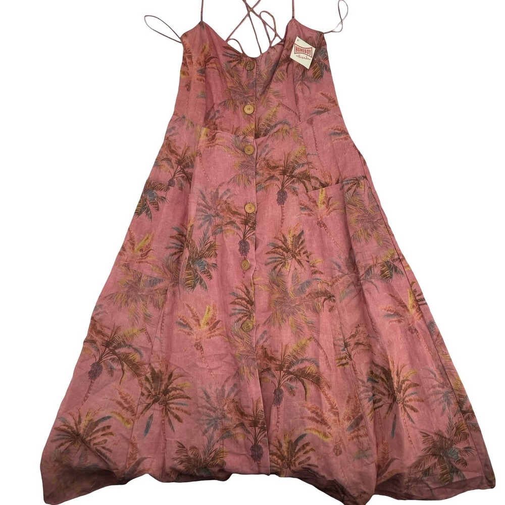 Zara Women's Dress Tropical Palm Tree Pink Linen Blend Large